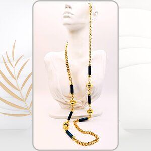 VTG Gold-Tone Chain Necklace Marbled Blue-Green Tube Beads & Sculptural Gold